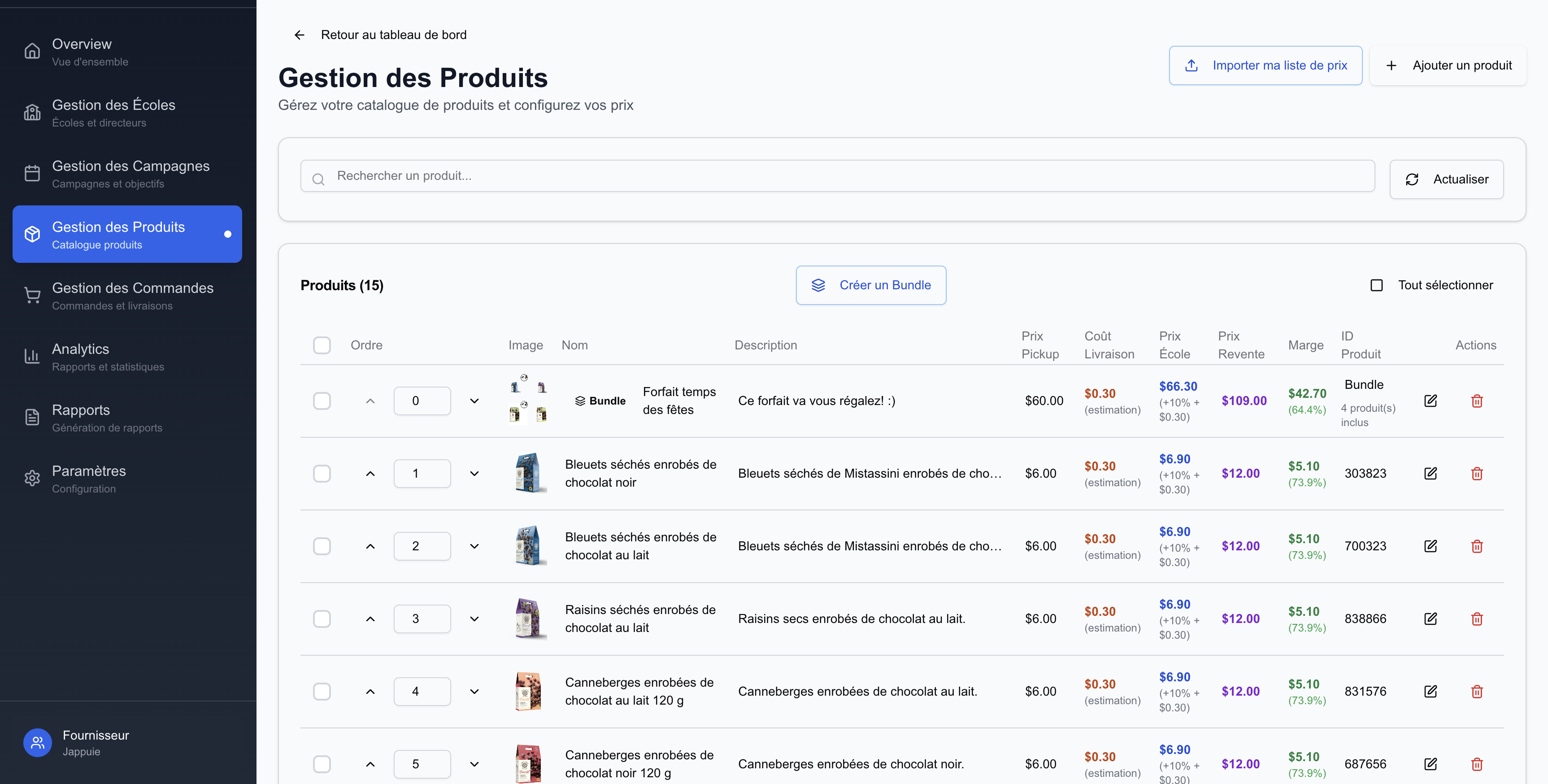 Gestion des produits - Catalogue fournisseur Jappuie